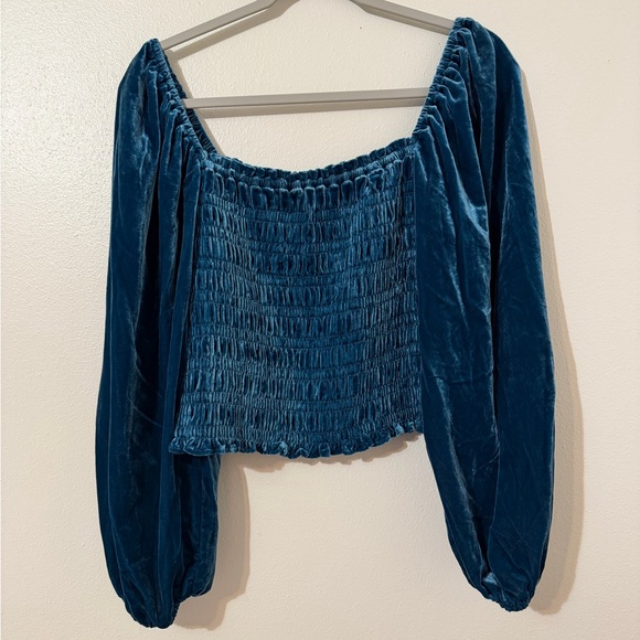 Anthropologie Blue Puff Sleeved Velvet Long Sleeve Blouse size Medium - Picture 9 of 10